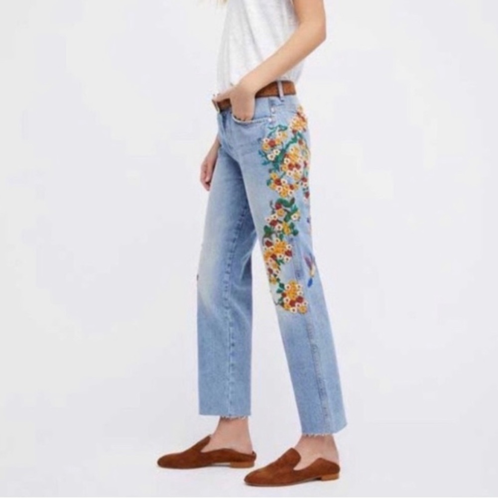 Free People Embroidered Cropped Jeans